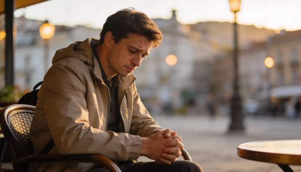 Solitary traveler reflecting in an unfamiliar city