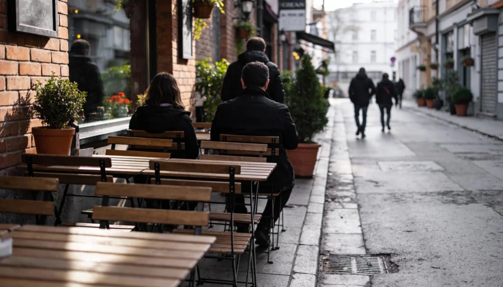 Traveler sitting still among locals in an unfamiliar city