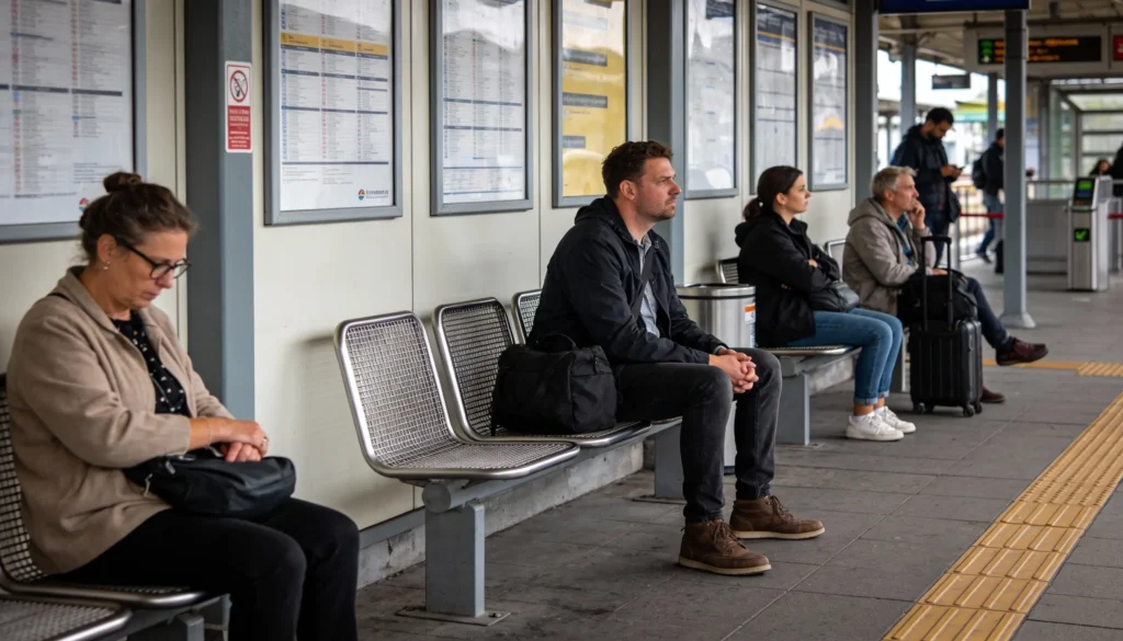Travelers sitting quietly in a public place