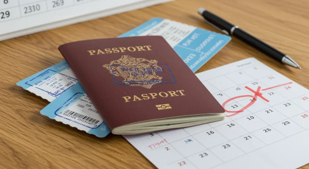 A close-up shot of a person carefully checking their passport with a visa stamp and flight ticket spread out on a table. Nearby, there's a calendar showing an upcoming travel date, and a pen for jotting down travel details. The setting should evoke a sense of preparation and importance, symbolizing the early stages of international travel planning.