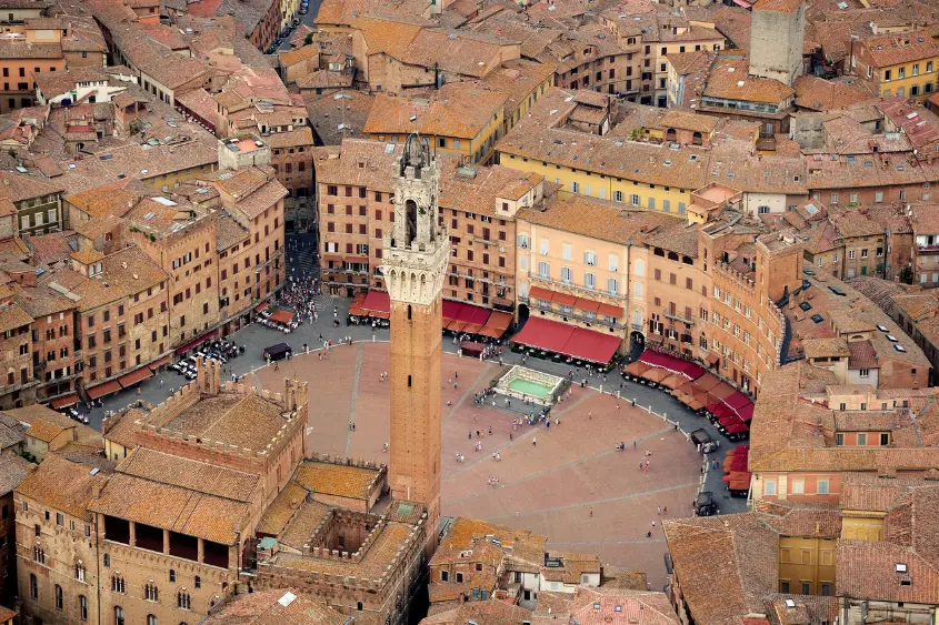 Aerial view of Siena's Piazza del Campo medieval square in Tuscany Italy