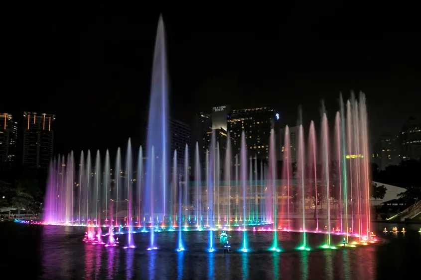Dubai Fountain performing at night, choreographed to music, free to watch
