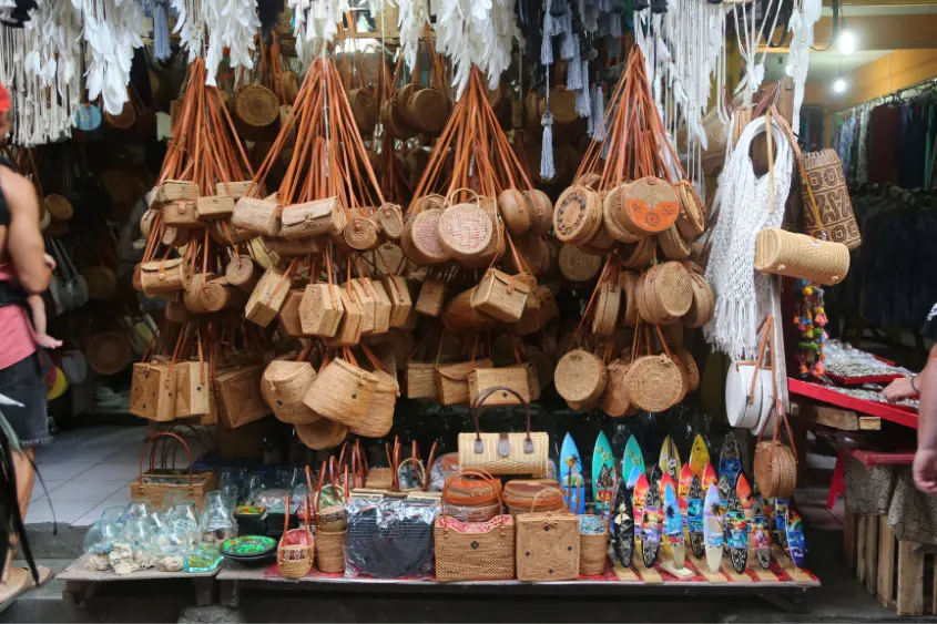 Handmade crafts and batik fabric at Ubud Art Market Bali